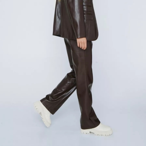 NASTY GAL Premium Faux Leather High Waisted Trouser in Chocolate Brown - Picture 4 of 15